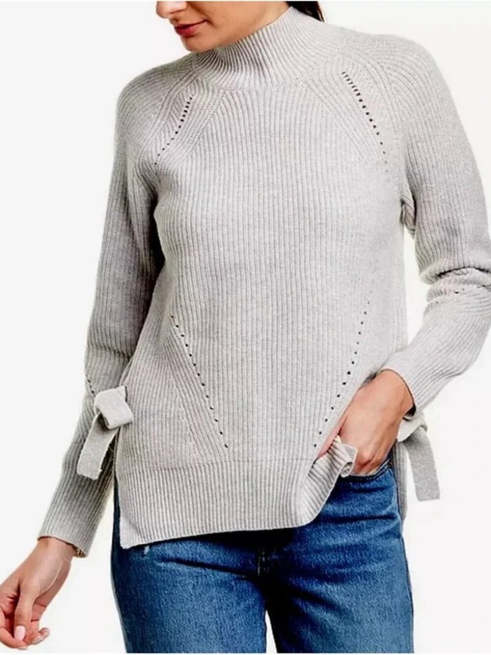 REBECCA TAYLOR Merino Wool Gray Mock TN Sweater with Waist Ties - EUC